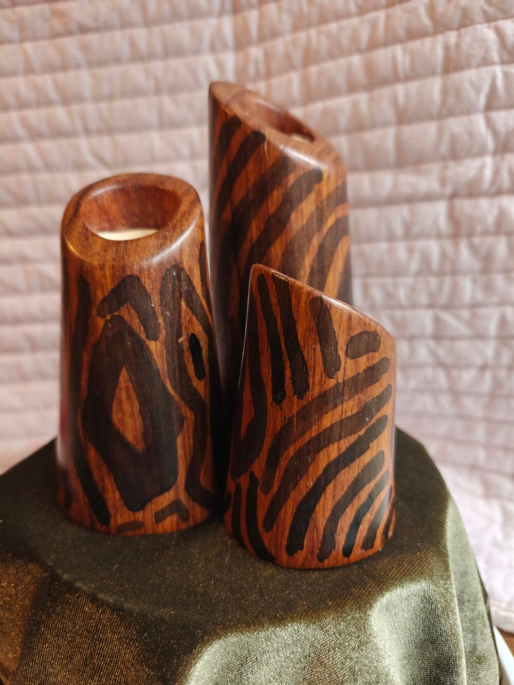 Set of 3 Hand Carved Wood Candle Holders Slanted Top Stripe Animal Print
